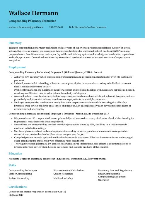 Compounding Pharmacy Technician Resume Cv Example And Writing Guide