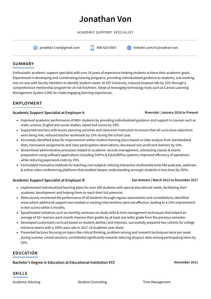 Academic Support Specialist Resume