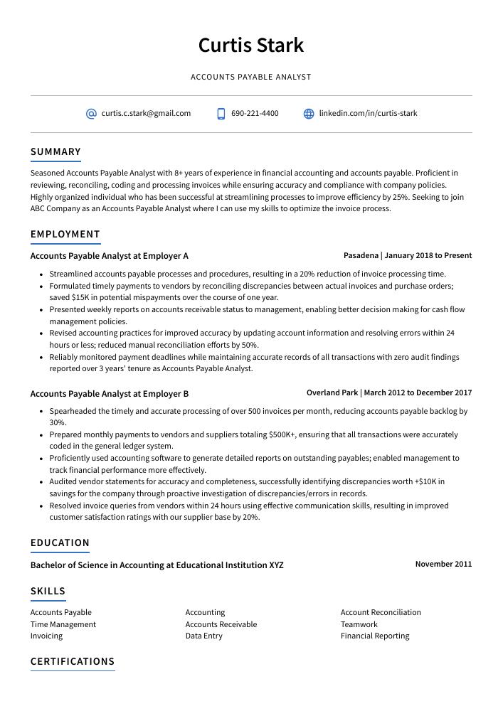 Accounts Payable Analyst Resume