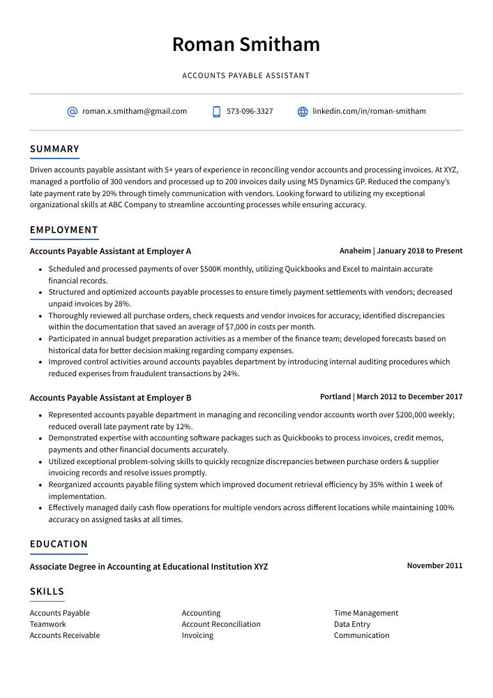 Accounts Payable Assistant Resume