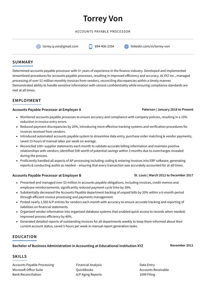 Accounts Payable Processor Resume