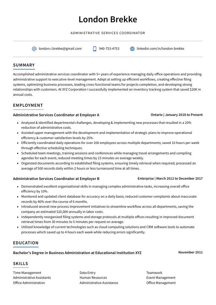 Administrative Services Coordinator Resume