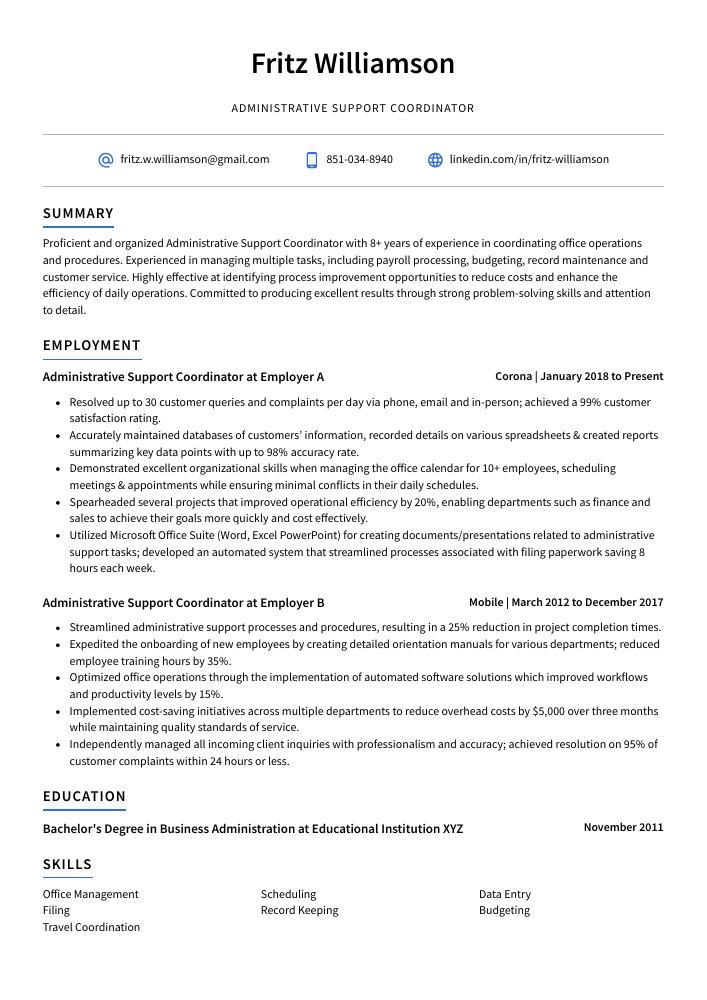 Administrative Support Coordinator Resume