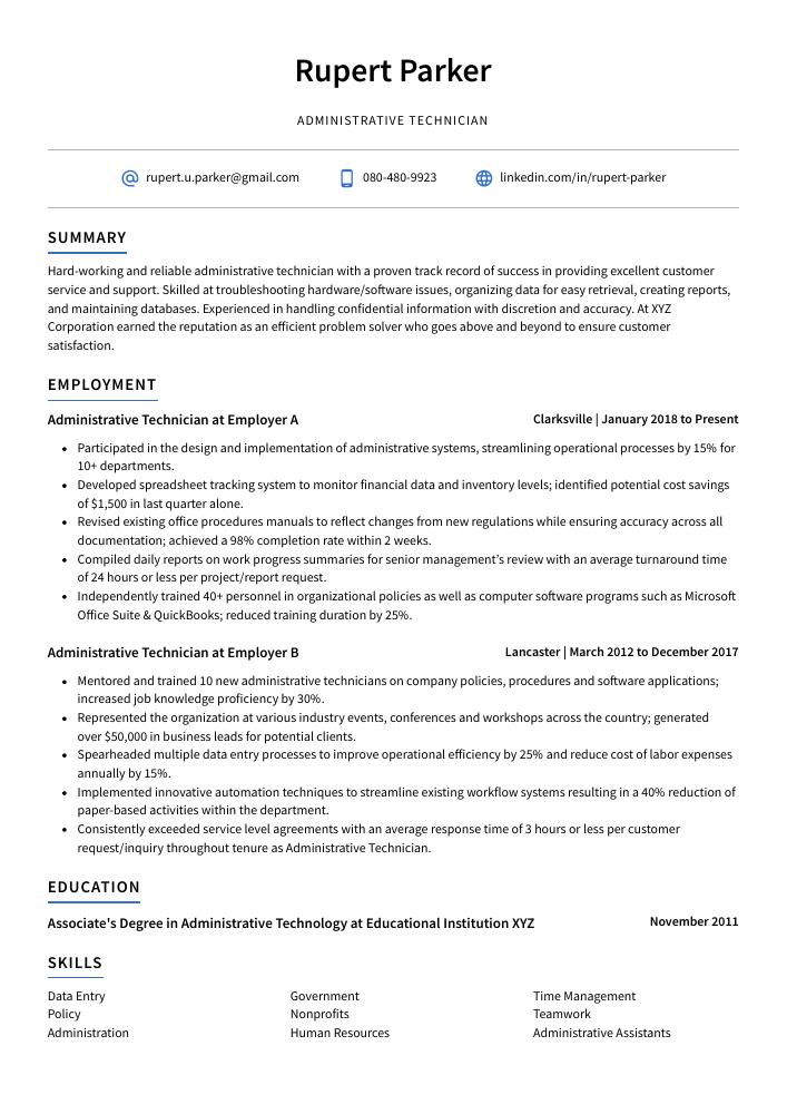 Administrative Technician Resume