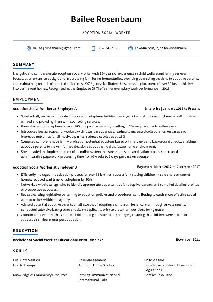 Adoption Social Worker Resume