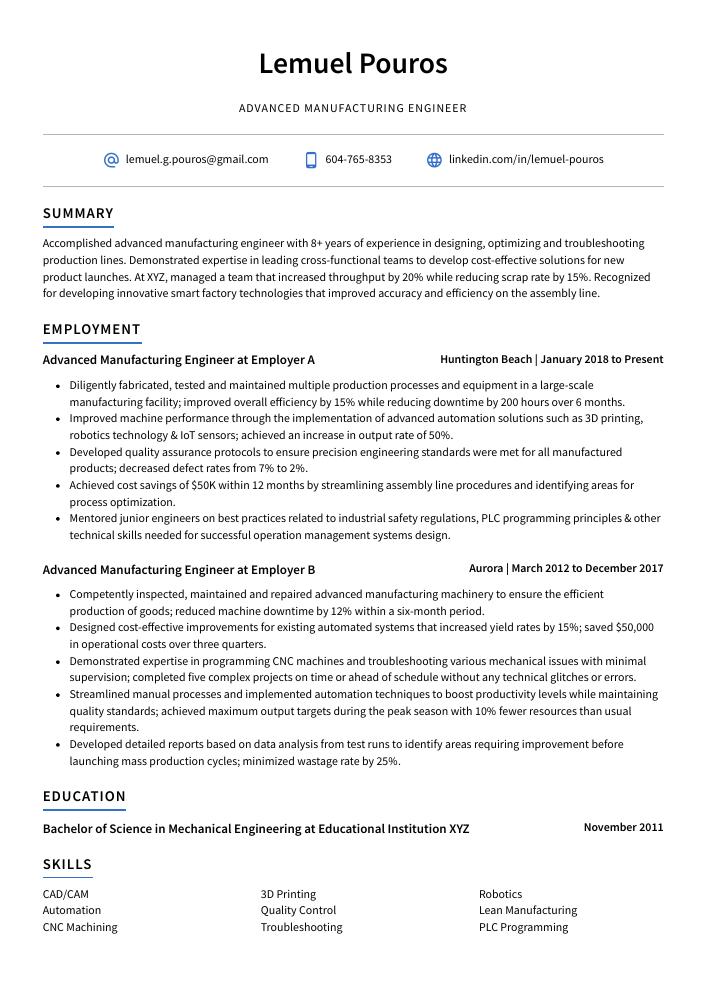 Advanced Manufacturing Engineer Resume