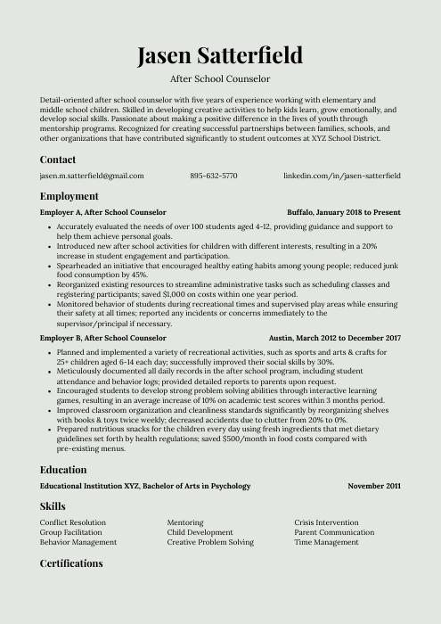 after school counselor job description for resume