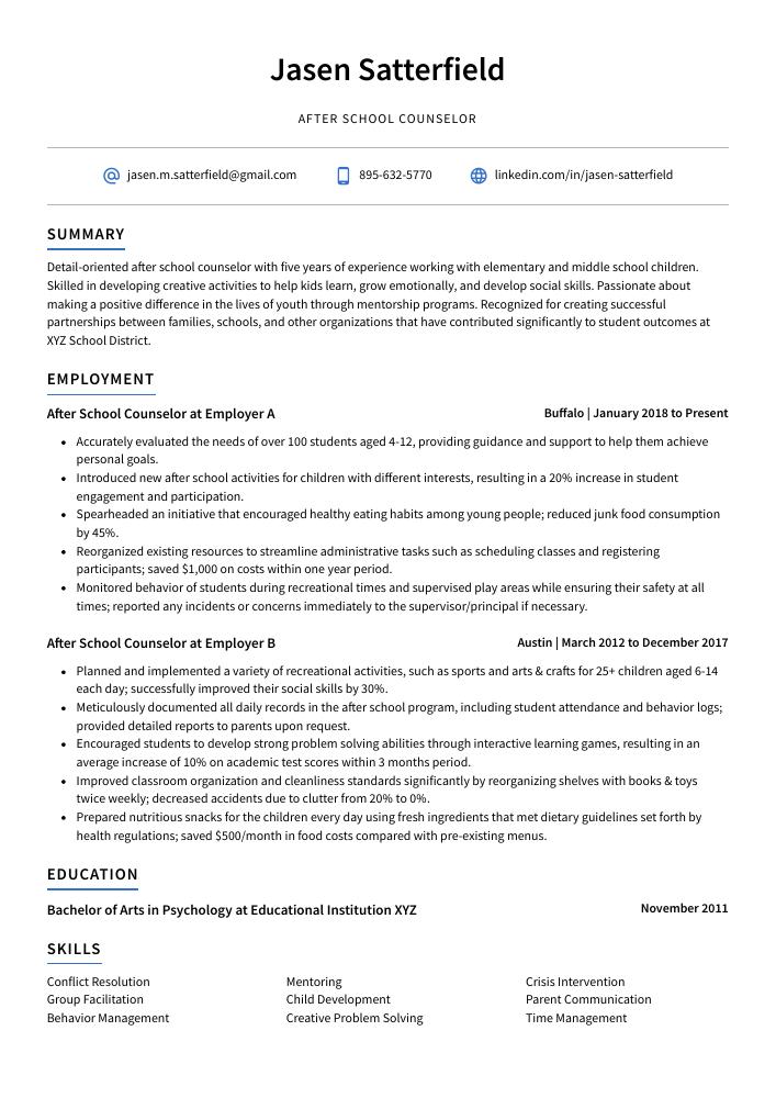 After School Counselor Resume