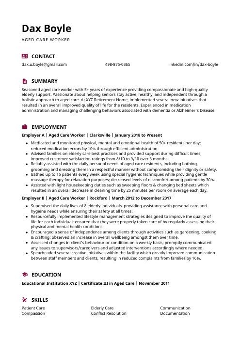 Aged Care Worker Resume CV Example And Writing Guide