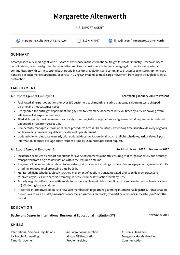 Air Export Agent Resume