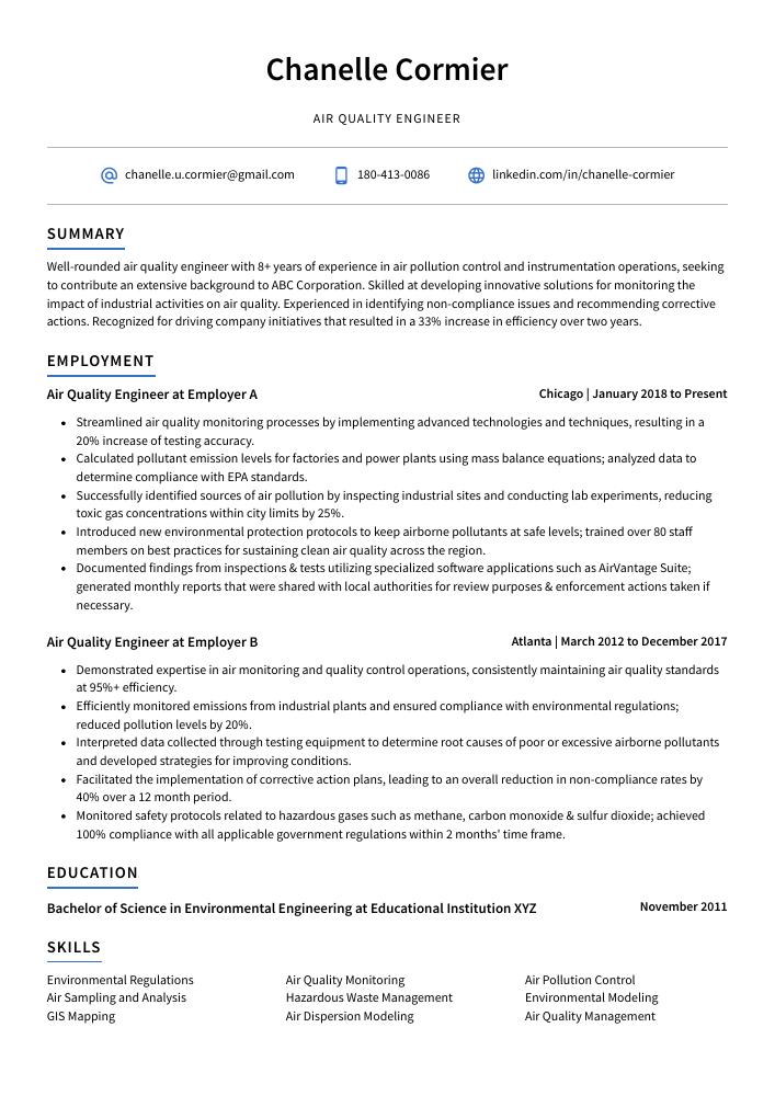 Air Quality Engineer Resume