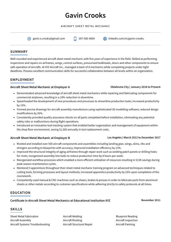 Aircraft Sheet Metal Mechanic Resume