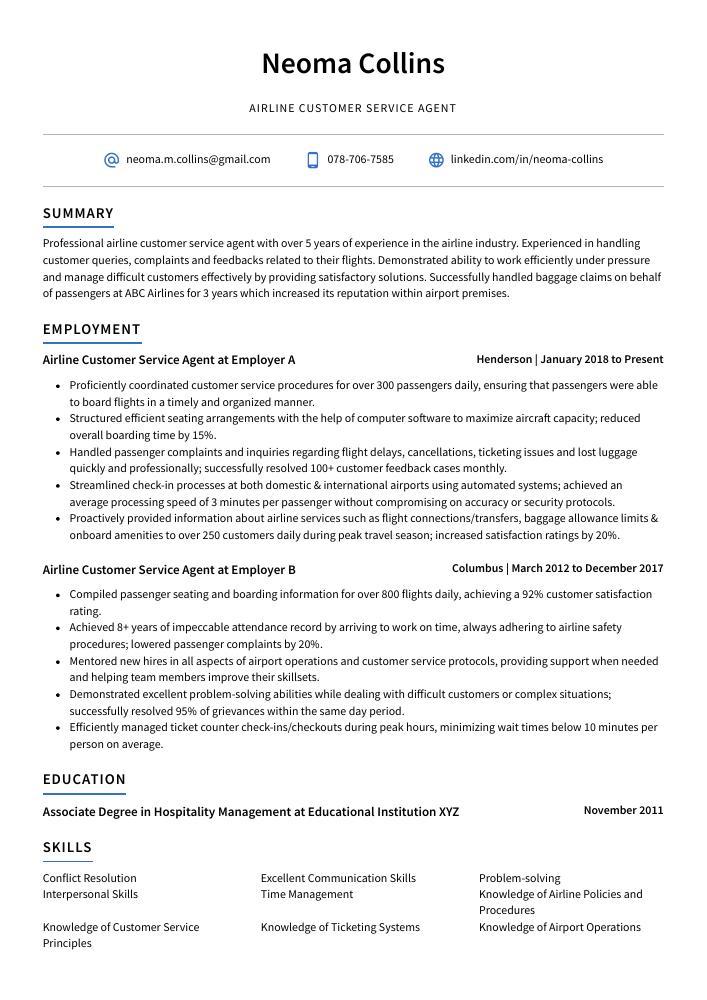 Airline Customer Service Agent Resume CV Example And Writing Guide