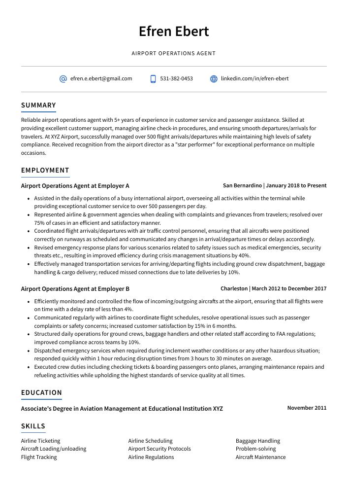 Airport Operations Agent Resume