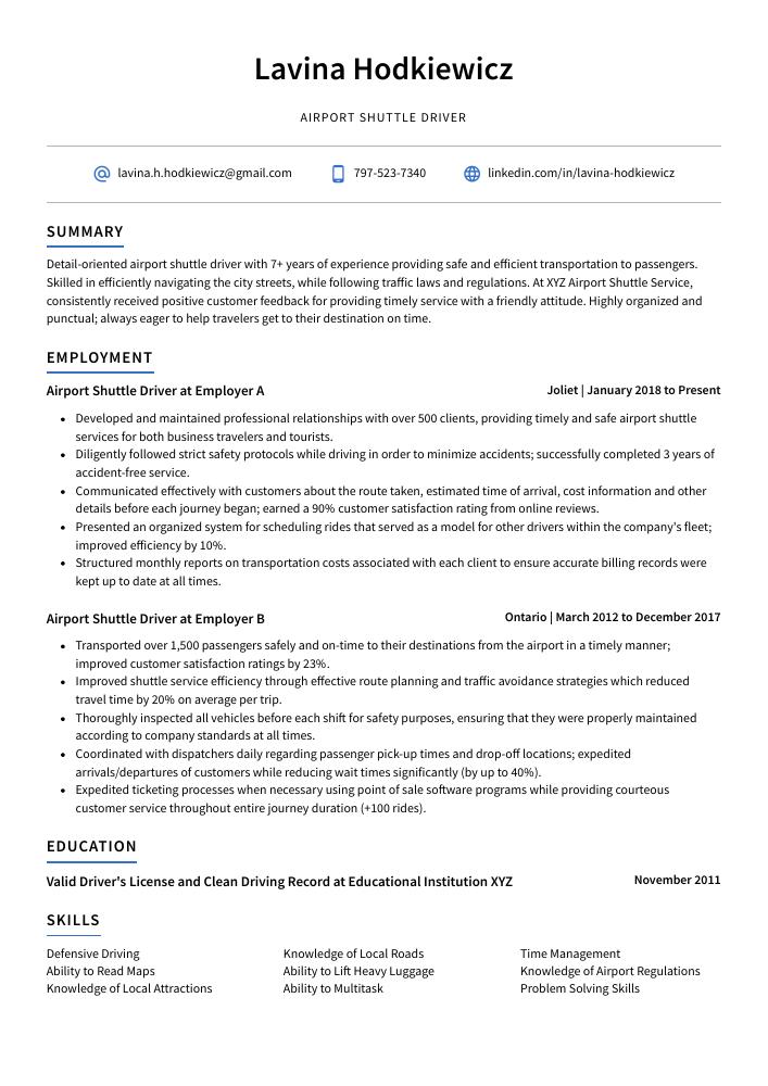 Airport Shuttle Driver Resume