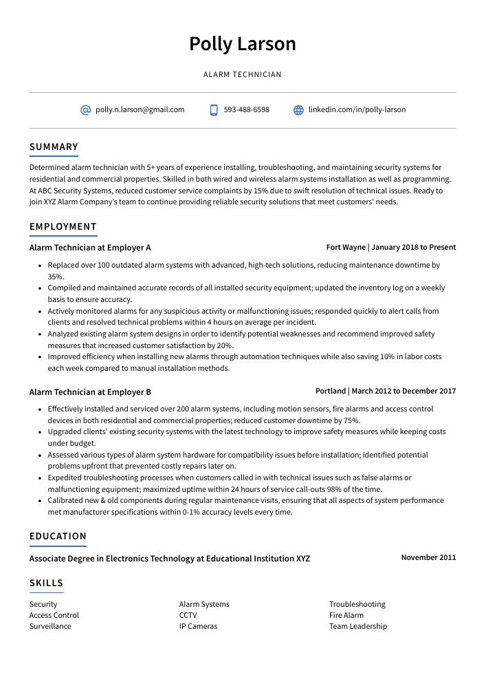 Alarm Technician Resume