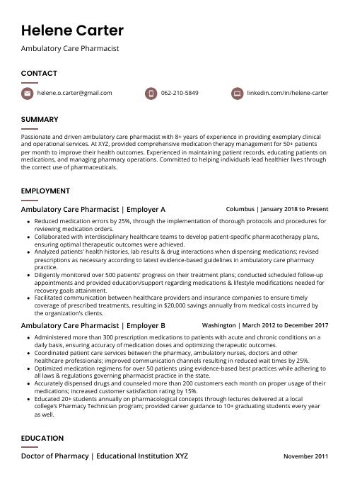 Ambulatory Care Pharmacist Resume (CV) Example and Writing Guide