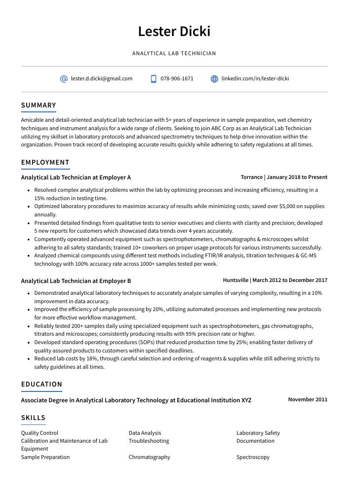 Analytical Lab Technician Resume (CV) Example and Writing Guide