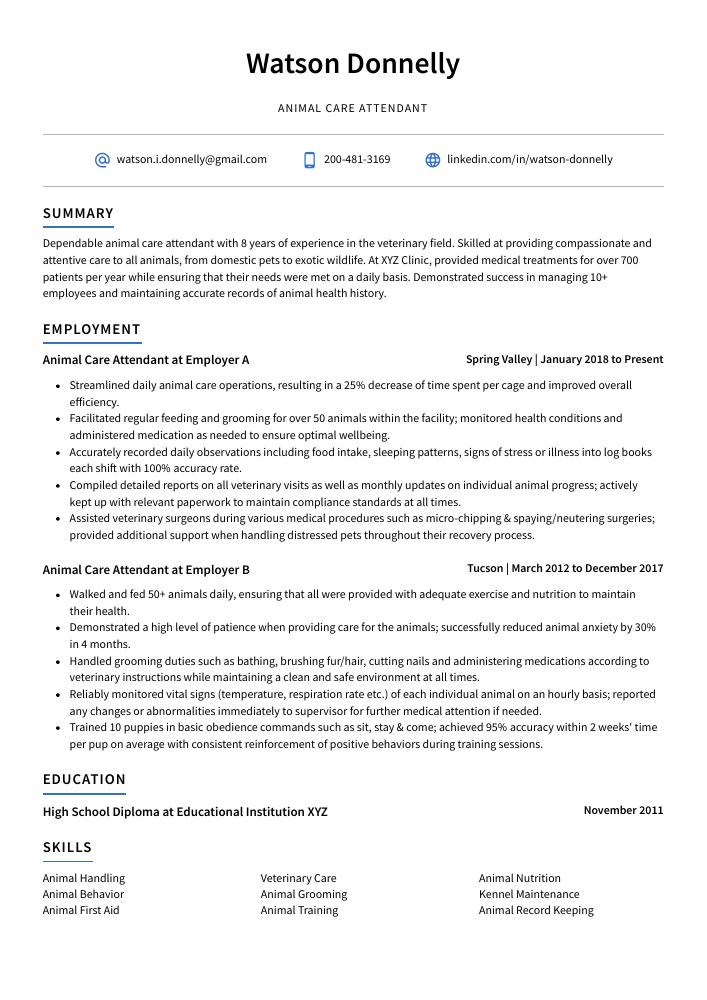 Animal Care Attendant Resume