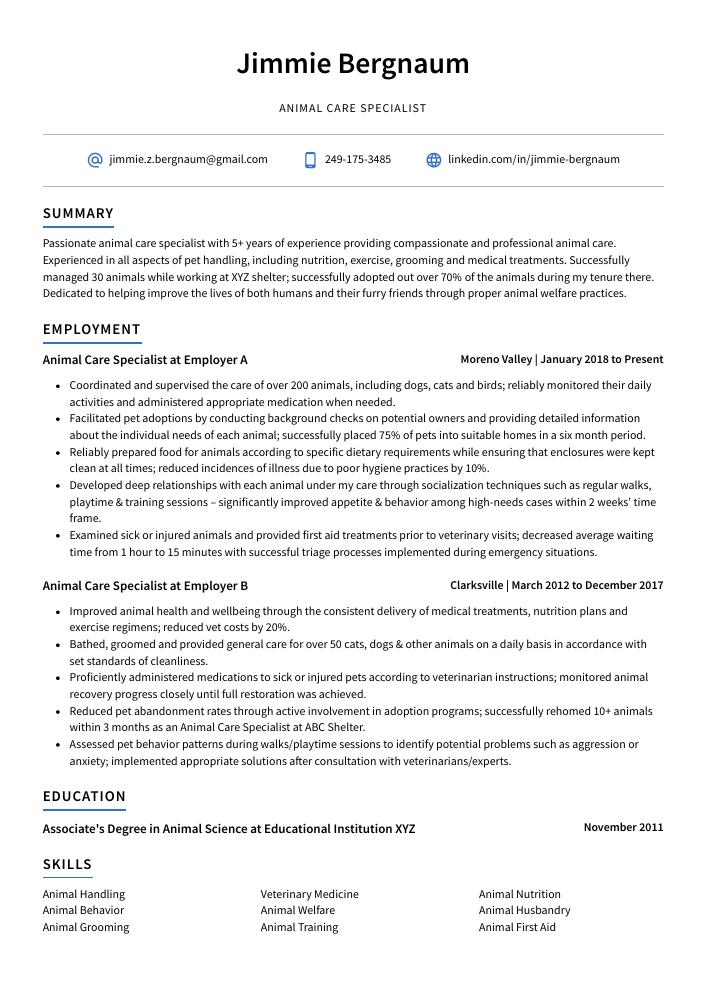 Animal Care Specialist Resume