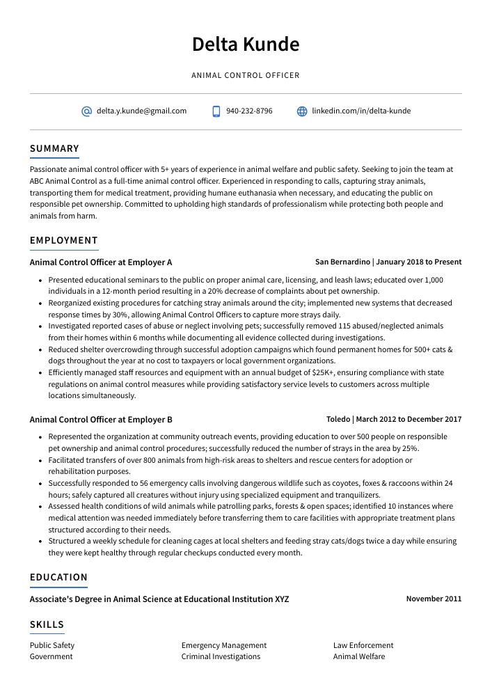 Animal Control Officer Resume