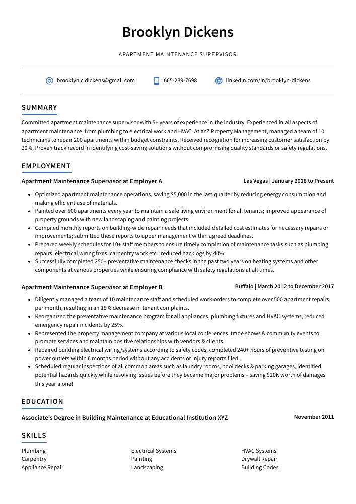 Apartment Maintenance Supervisor Resume