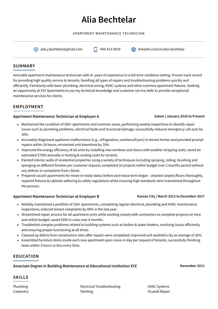 Apartment Maintenance Technician Resume CV Example And Writing Guide