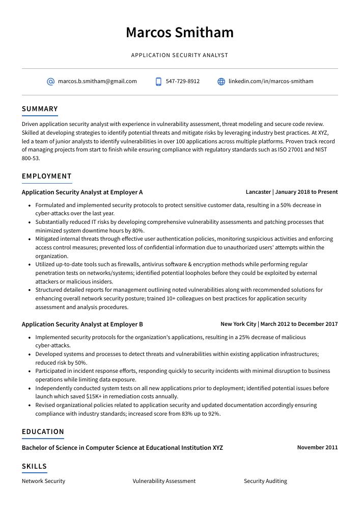 Application Security Analyst Resume