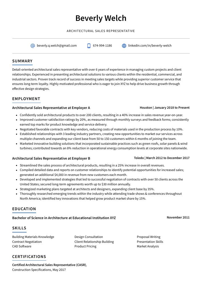 Architectural Sales Representative Resume