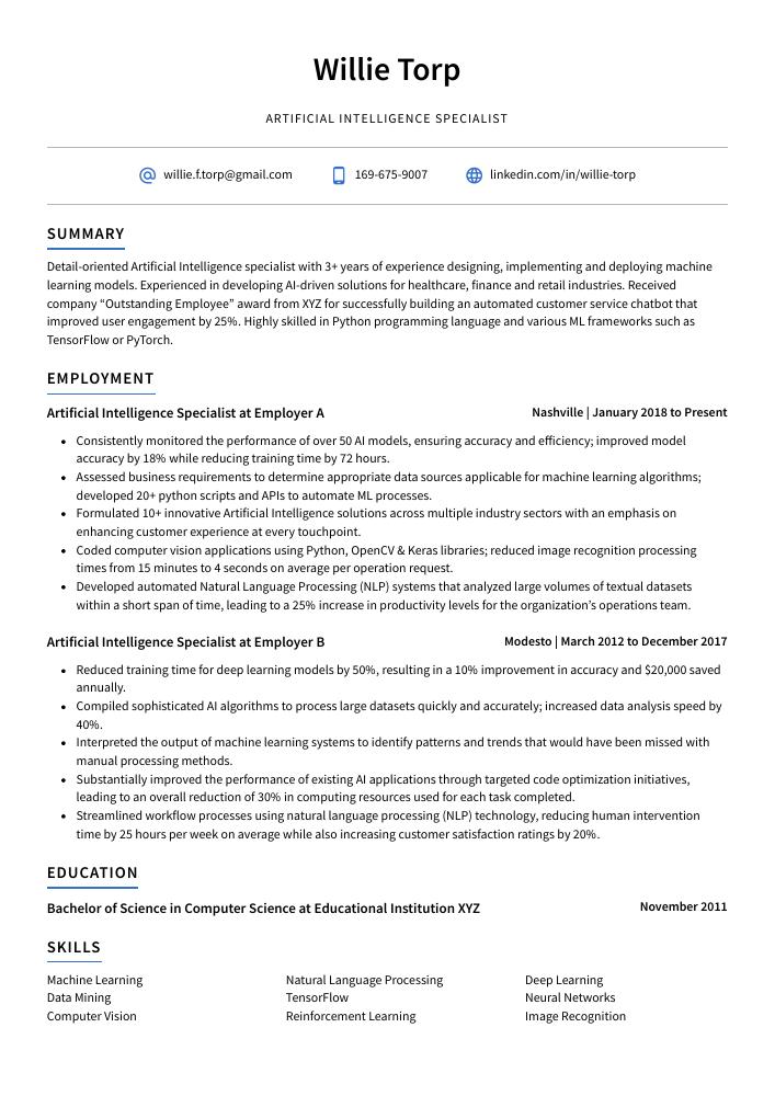 Artificial Intelligence Specialist Resume