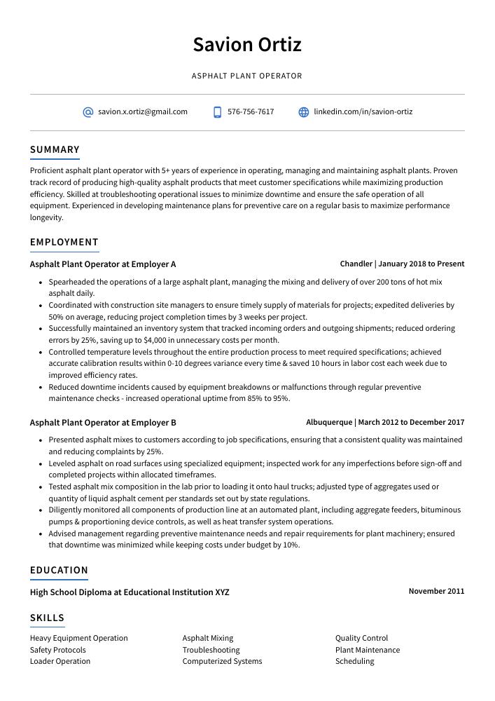 Asphalt Plant Operator Resume