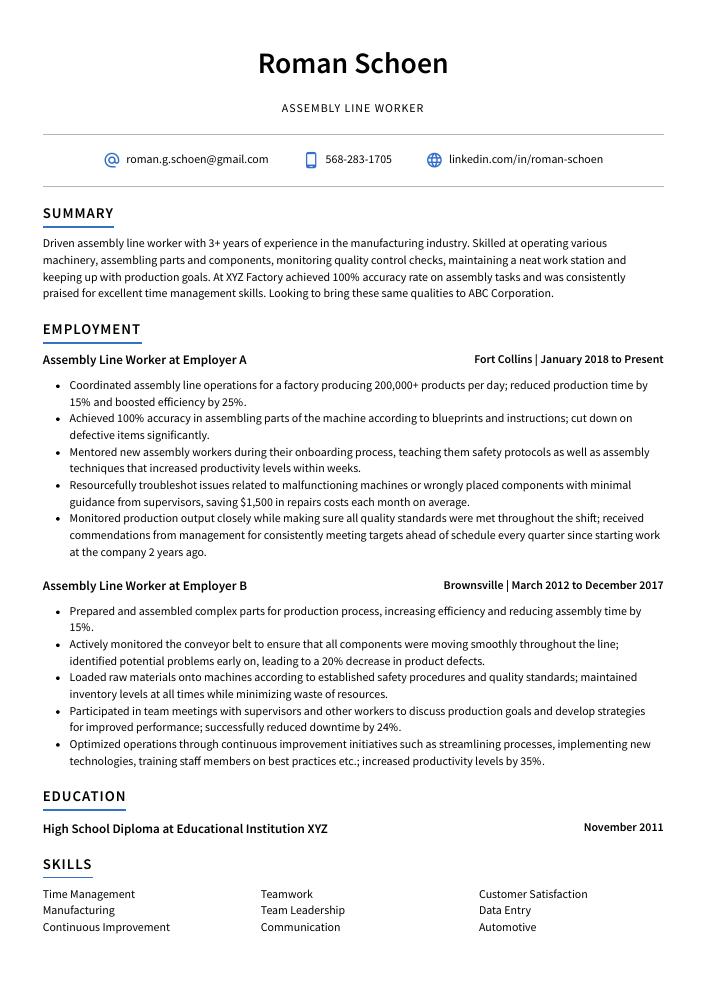 resume summary examples for assembly worker