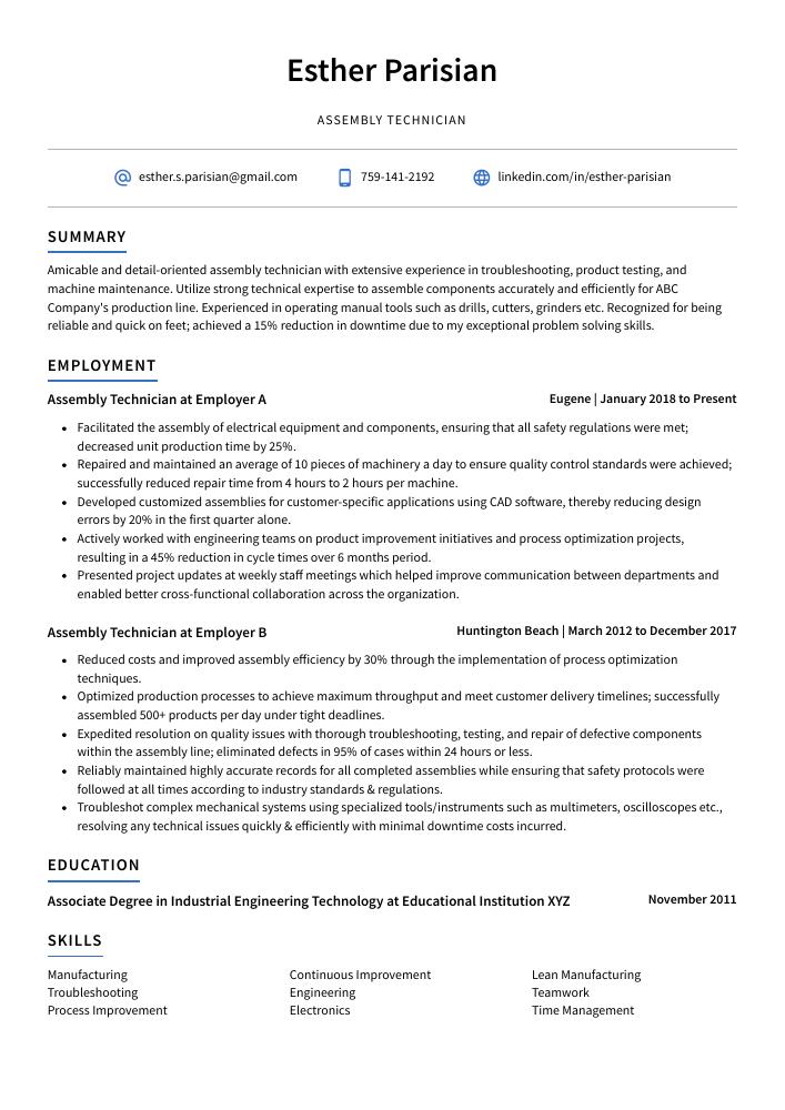 Assembly Technician Resume