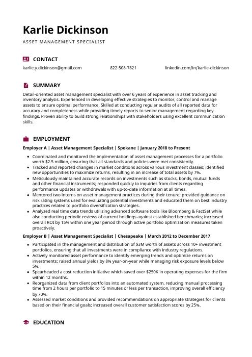 Asset Management Specialist Resume (CV) Example and Writing Guide