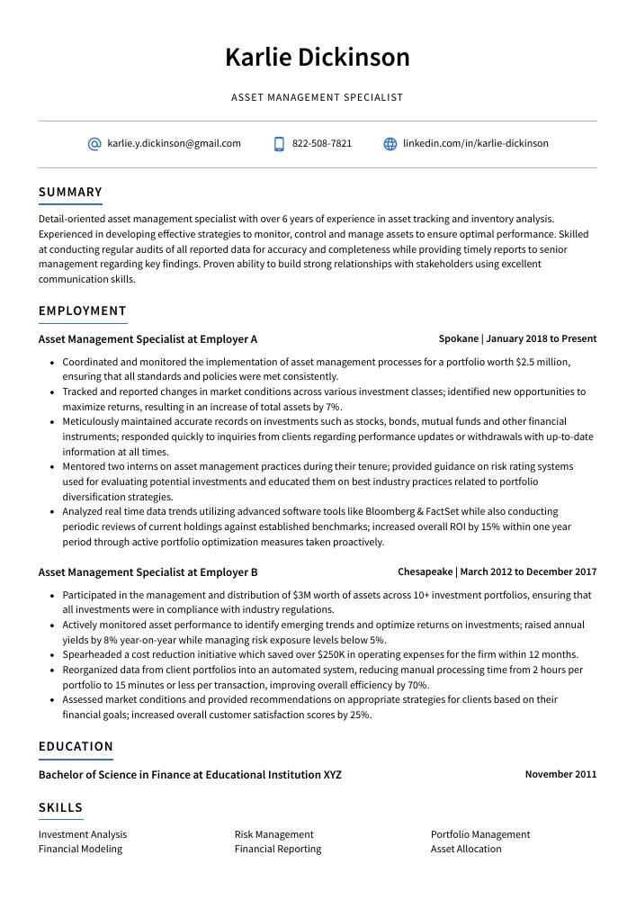 Asset Management Specialist Resume