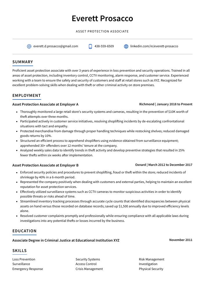 Asset Protection Associate Resume