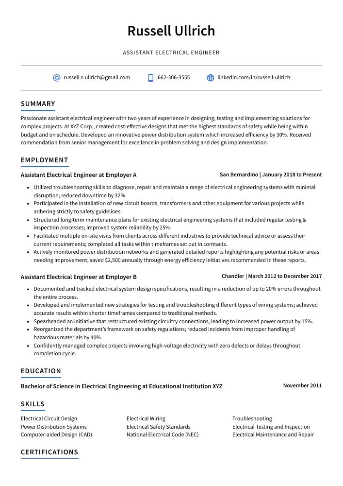 Assistant Electrical Engineer Resume