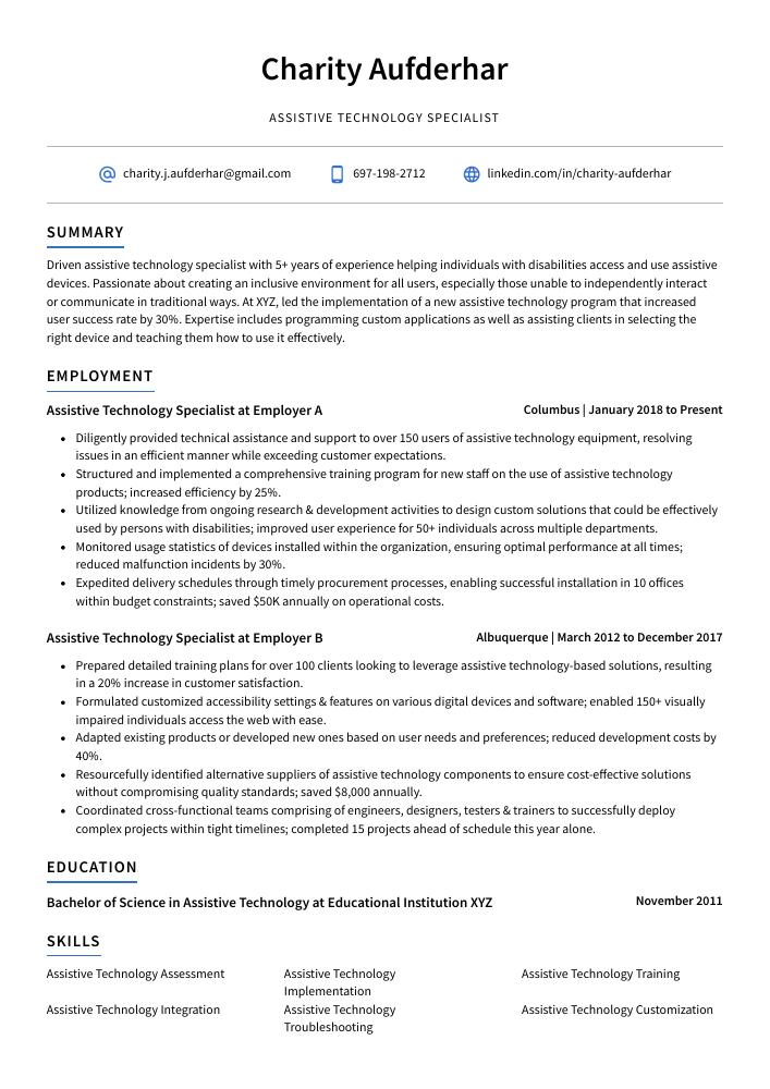 Assistive Technology Specialist Resume