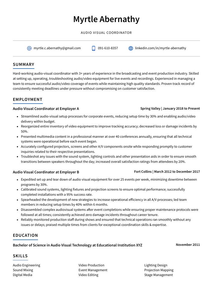 Audio Visual Coordinator Resume