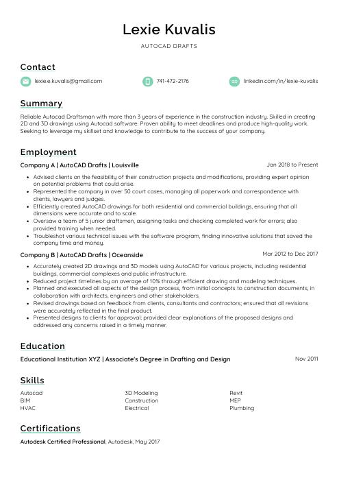 AutoCAD Draftsman Resume (CV) Example and Writing Guide