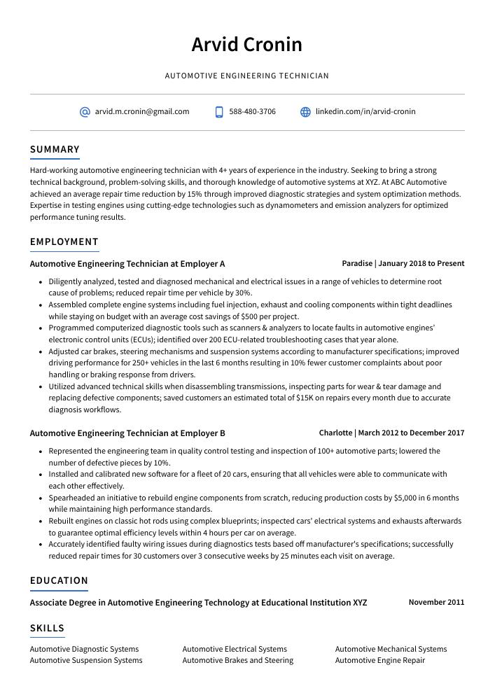 Automotive Engineering Technician Resume