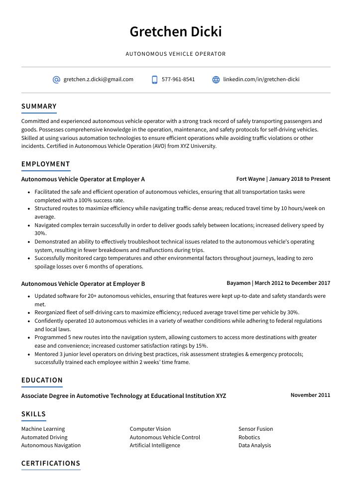 Autonomous Vehicle Operator Resume