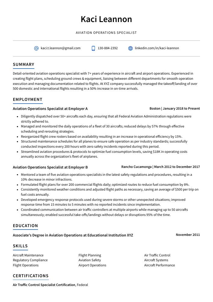 Aviation Operations Specialist Resume