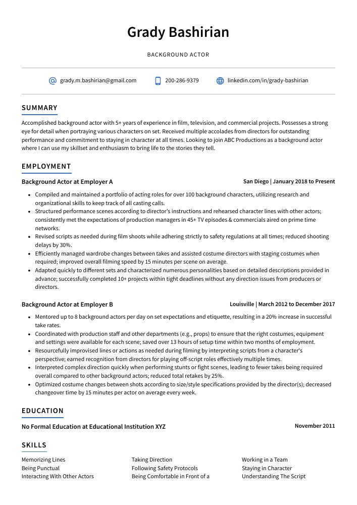 Background Actor Resume