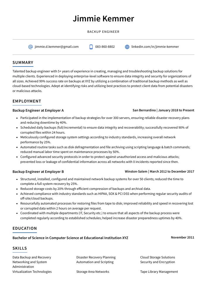 Backup Engineer Resume