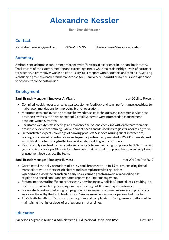 Bank Branch Manager Resume CV Example And Writing Guide