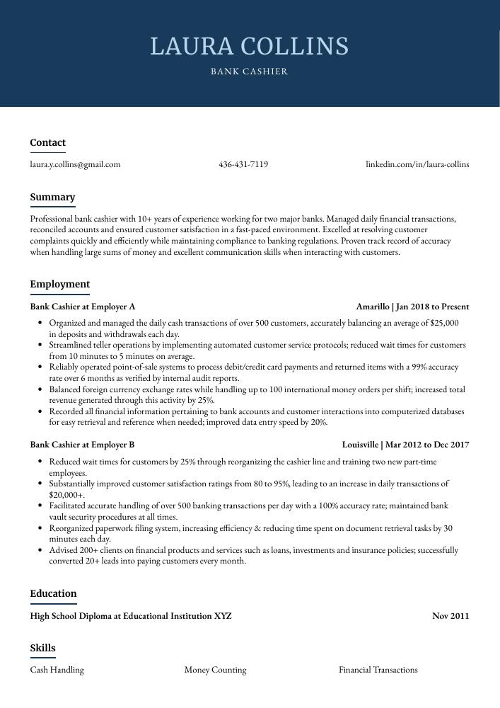 Bank Cashier Resume (CV) Example and Writing Guide