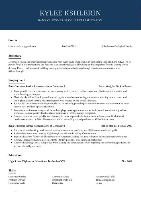 bank customer service representative resume examples