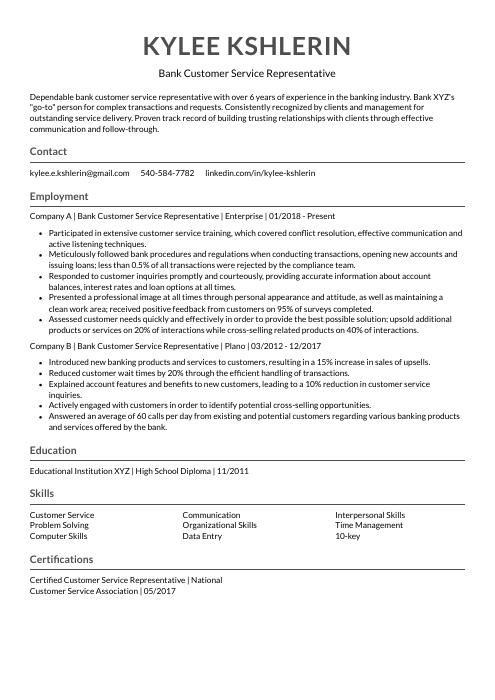 resume customer service bank