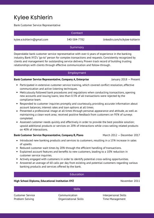 resume for customer service in bank